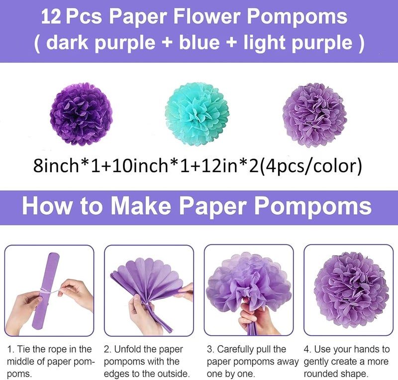 YESON Tissue Paper Pompoms Paper Flower 12 Pcs Purple,Blue Light Purple,Paper Flower Ball for Birthday Party Baby Shower Bridal Shower Party Decoration - Image 2